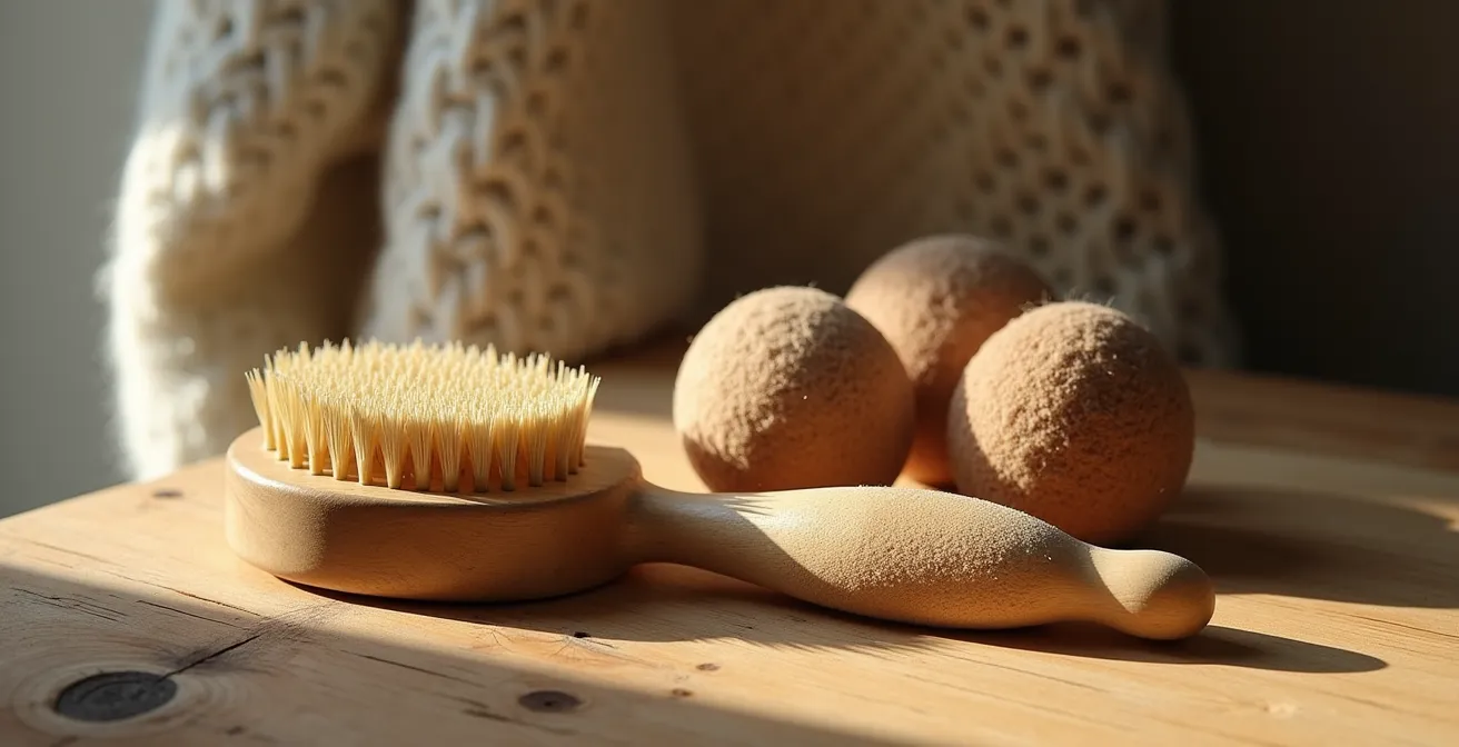 Ensemble d'accessoires naturels pour l'entretien de la laine disposés sur une surface en bois clair