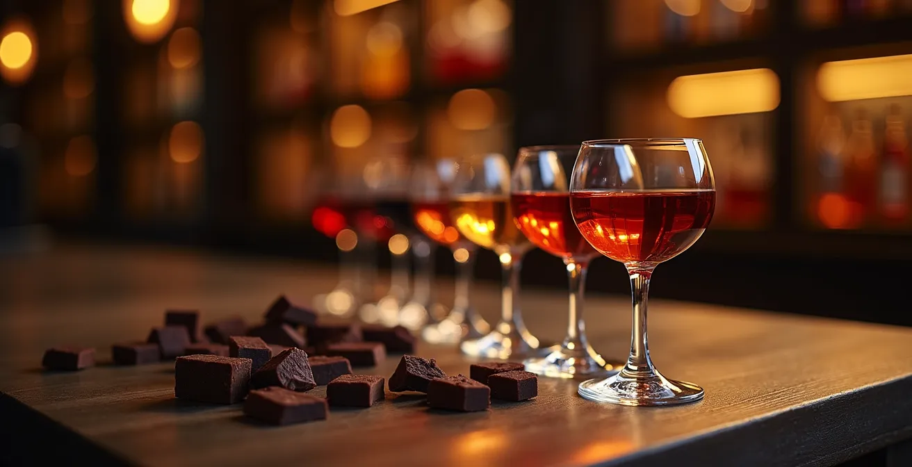 Arrangement élégant de carrés de chocolat noir avec verres de dégustation contenant whisky et porto dans une ambiance tamisée