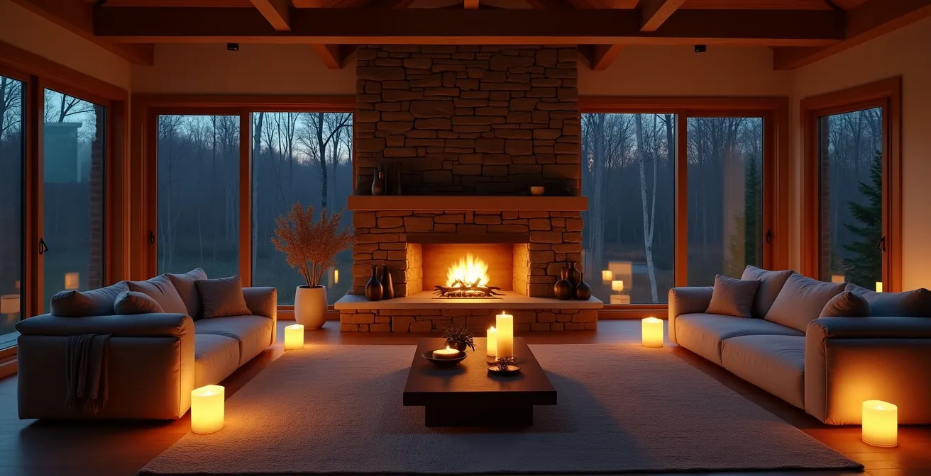 Vue large d'un salon québécois avec aire ouverte illuminé par plusieurs bougies créant des zones de lumière chaleureuse