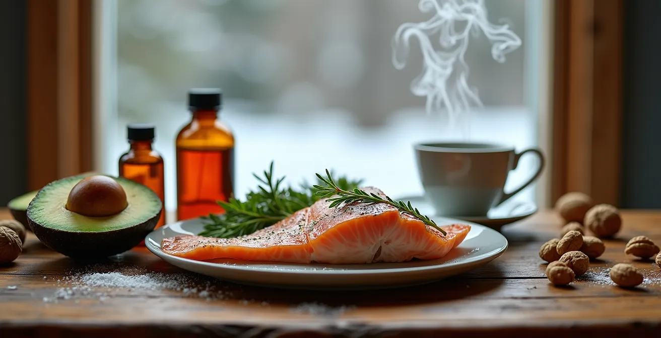 Nature morte d'aliments riches en oméga-3 et vitamine D sur table québécoise