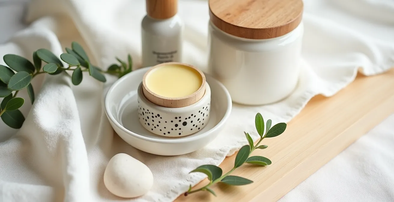 Nature morte minimaliste avec crème corporelle et baume parfumé solide sur bureau épuré