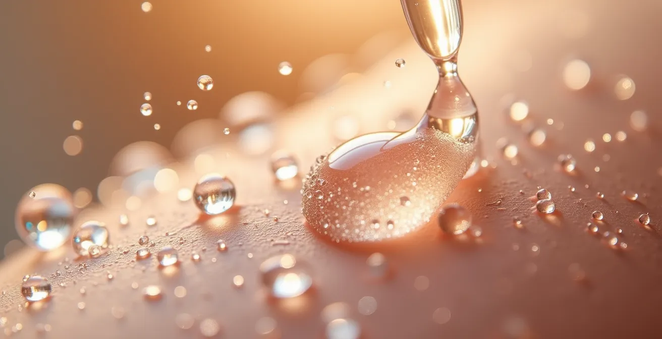 Gros plan sur une main appliquant un sérum transparent sur une peau avec condensation de brume visible