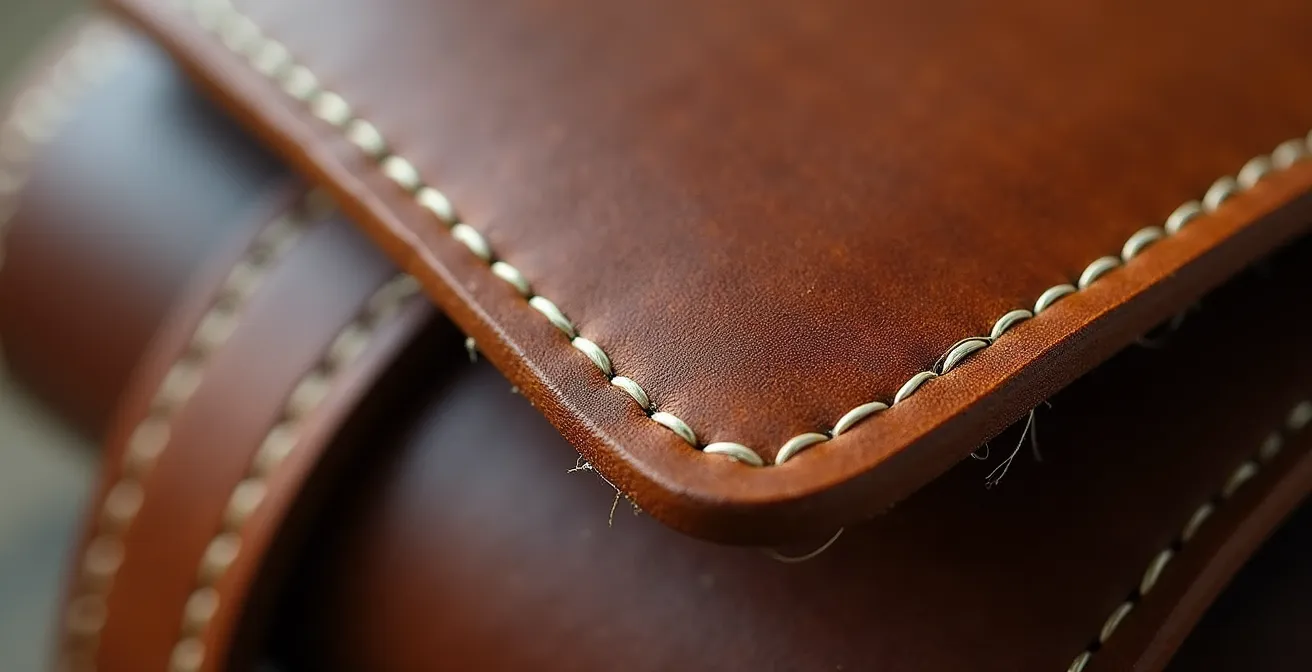 Détail macro d'une pièce de maroquinerie artisanale québécoise montrant la texture du cuir et les coutures