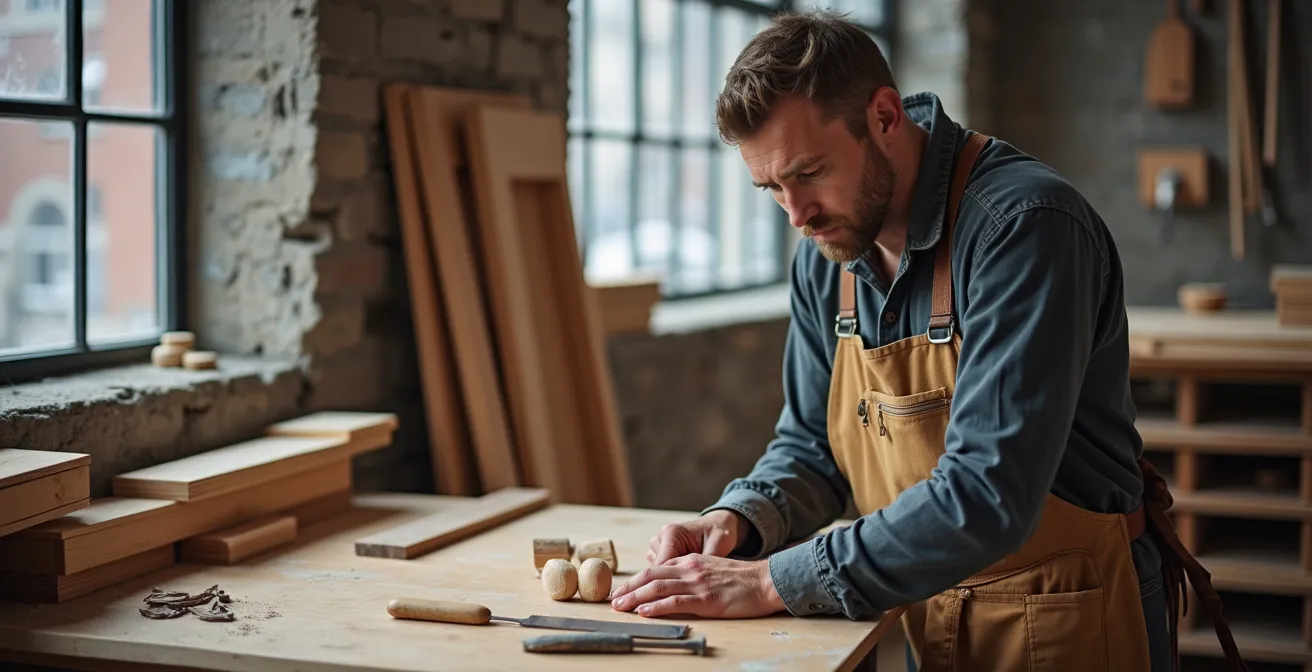 Vue d'ensemble d'un atelier de création de mobilier design au Québec, avec un artisan concentré sur son travail, baigné de lumière naturelle.