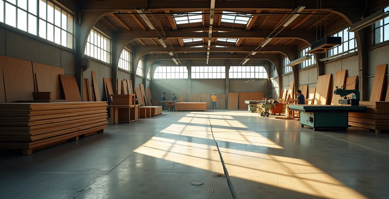 Vue grand angle d'un atelier d'ébénisterie québécois avec artisans au travail
