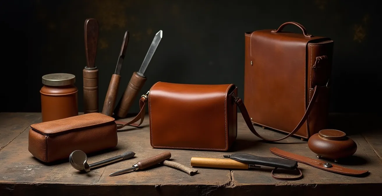 Vue d'ensemble d'un atelier de maroquinerie québécois avec outils traditionnels et pièces de cuir en cours de création