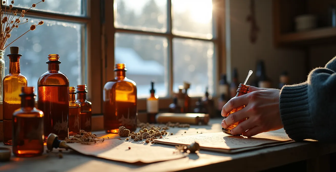 Atelier de création d'un parfumeur québécois avec flacons et matières premières