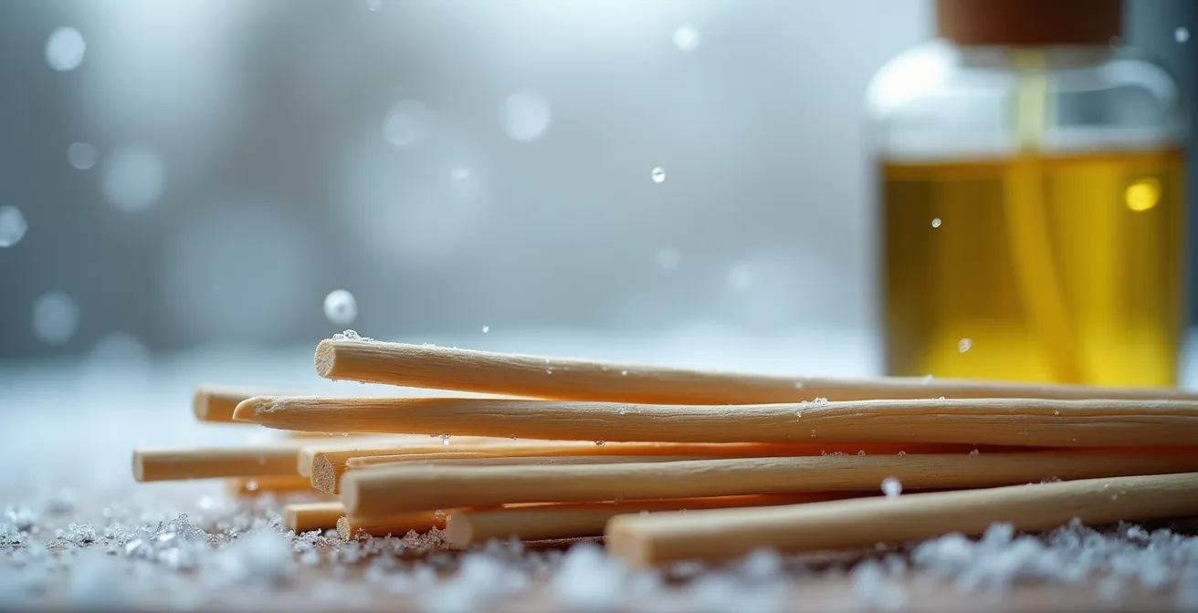 Bâtonnets de rotin dans un flacon d'huile essentielle près d'une fenêtre givrée québécoise