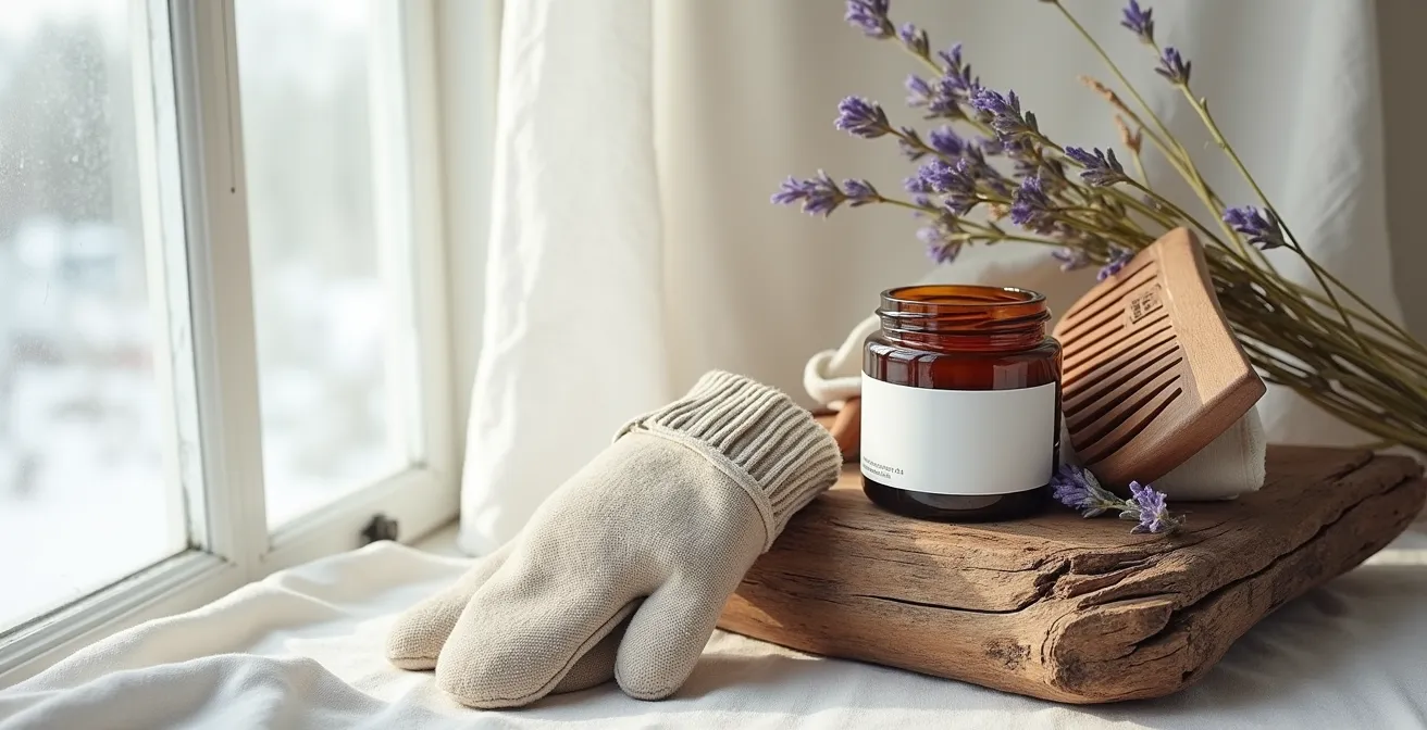 Pot de baume anhydre entouré d'accessoires de voyage minimalistes sur fond de bois naturel