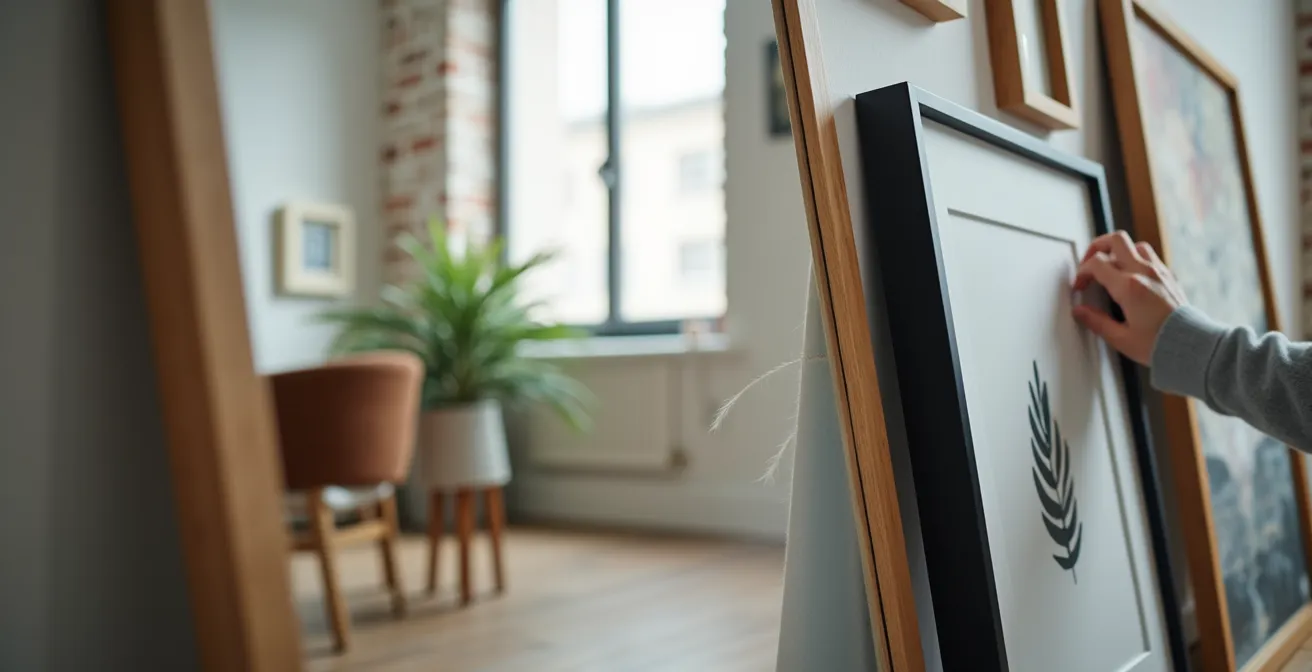 Cadres et miroirs artistiquement disposés au sol dans un appartement du Plateau-Mont-Royal