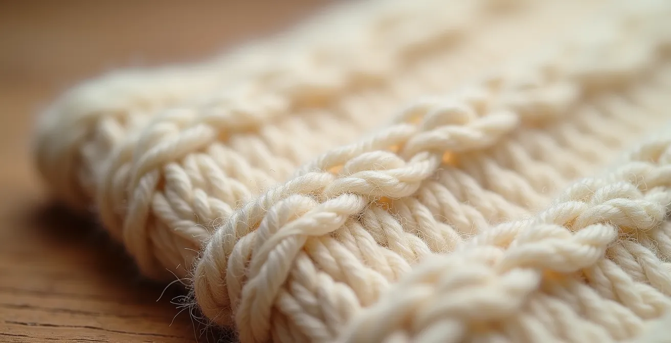 Vue macro d'un tricot de laine mérinos québécois montrant la qualité de la texture et des fibres naturelles