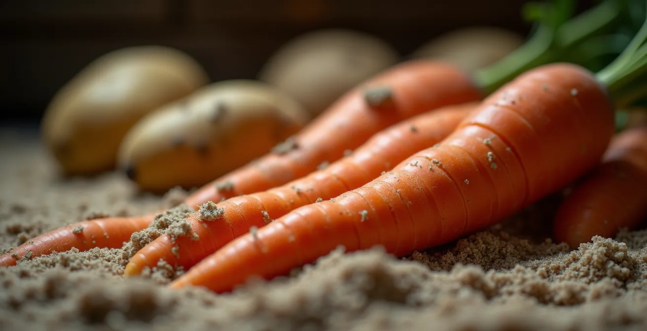 Caveau traditionnel québécois avec carottes et pommes de terre conservées dans le sable
