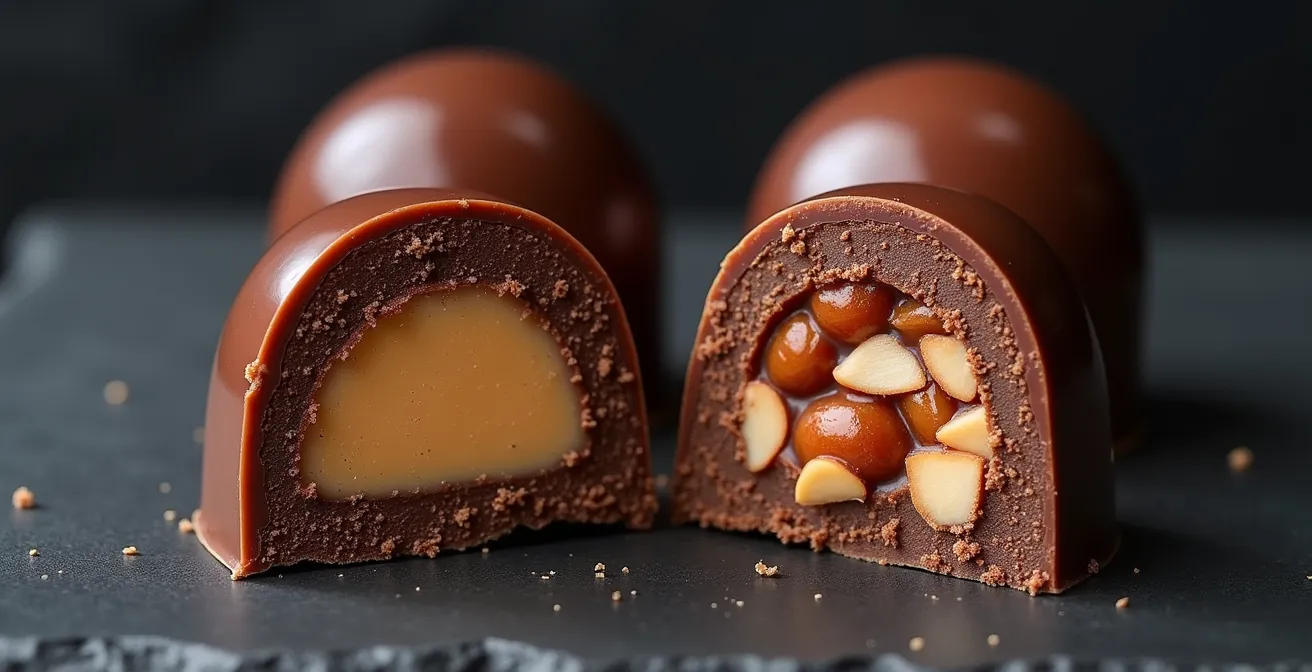 Coupe transversale de chocolats fourrés montrant la texture crémeuse de la ganache et la texture granuleuse du praliné aux noisettes