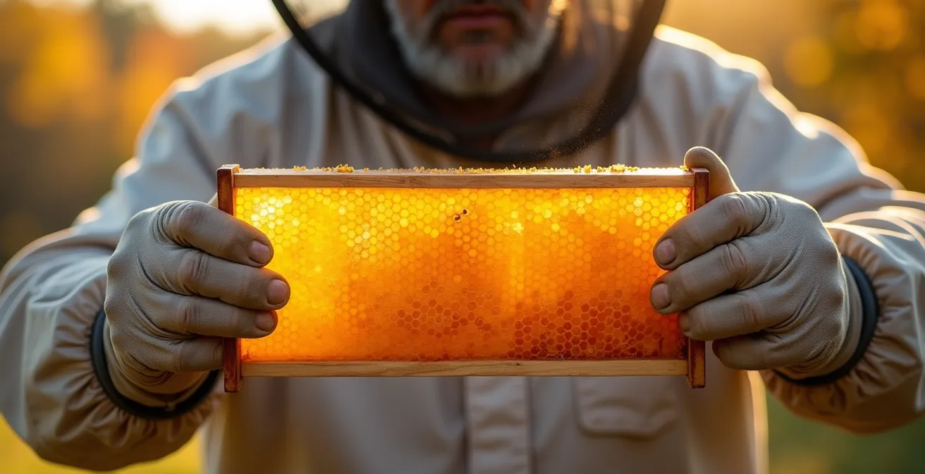 Apiculteur québécois récoltant de la cire d'abeille de manière durable dans une ruche traditionnelle
