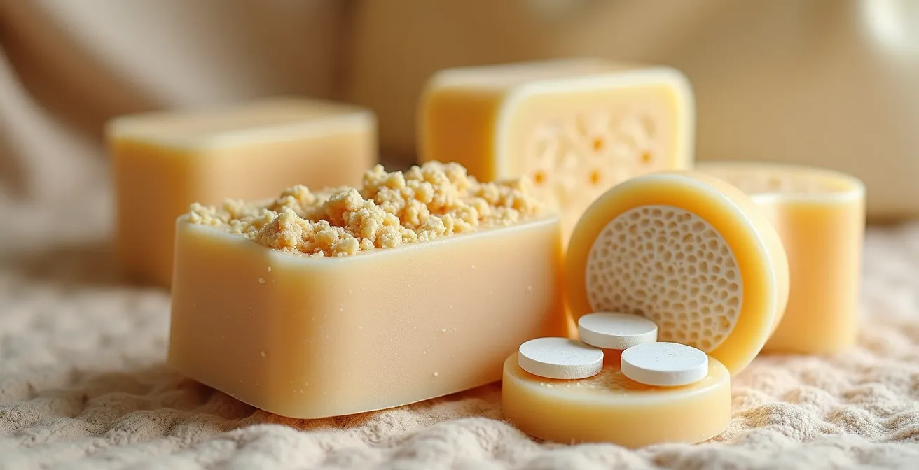 Comparaison visuelle entre des cosmétiques solides compacts et des bouteilles de liquides plus volumineuses pour le voyage.