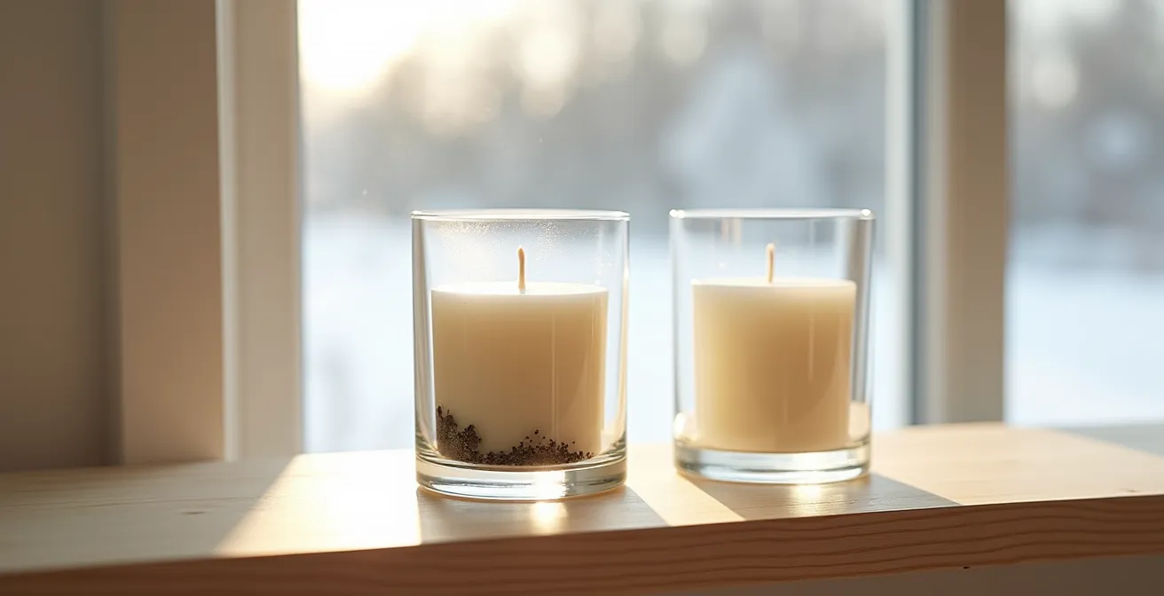 Illustration comparative montrant deux bougies à différents stades de combustion pour démontrer la durabilité supérieure de la cire de soja