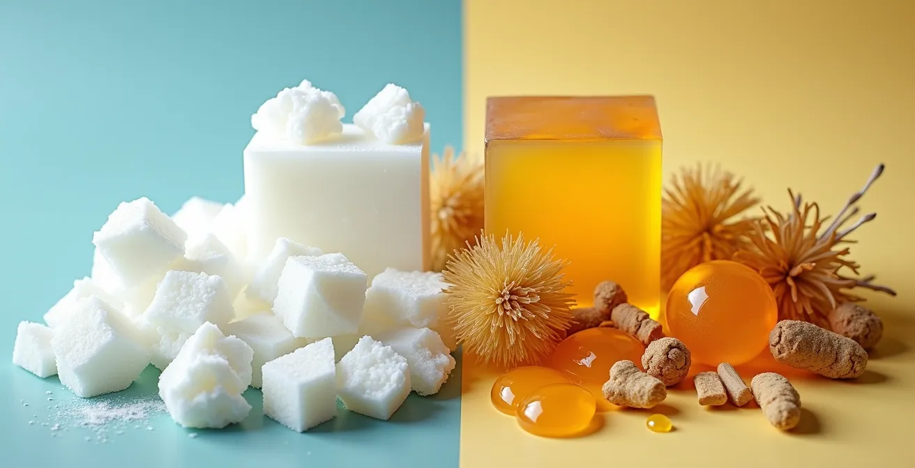 Comparaison visuelle entre deux savons montrant leurs différences de composition, symbolisant le naturel contre l'industriel