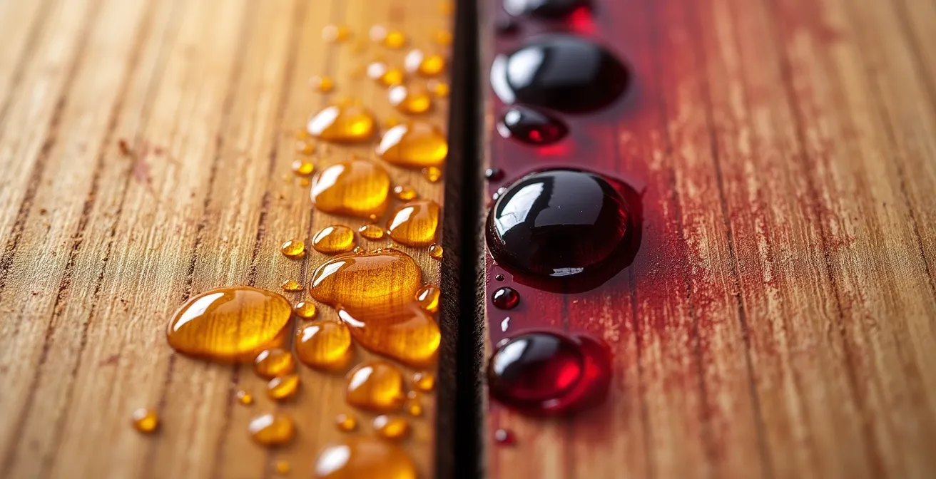 Comparaison visuelle entre finition huilée et vernie sur érable avec test de résistance aux taches