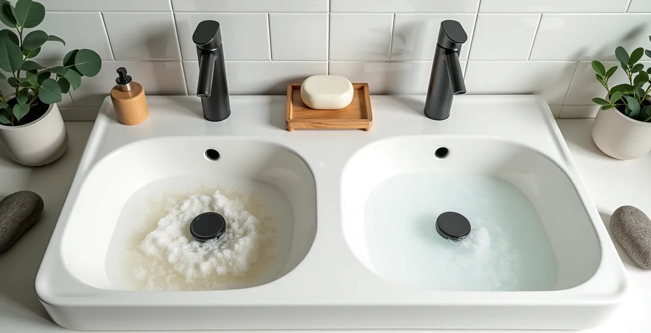 Démonstration visuelle de la différence de mousse d'un savon naturel dans l'eau dure versus l'eau douce