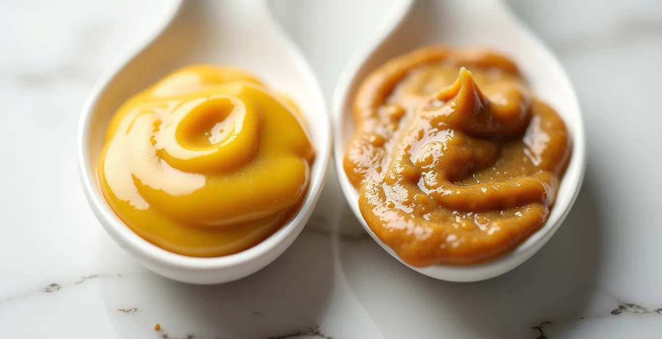 Comparaison visuelle entre la texture lisse de la moutarde de Dijon et le grain rustique d'une moutarde québécoise artisanale.