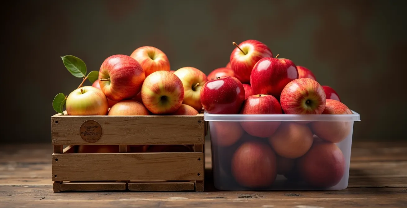 Comparaison visuelle entre des pommes du Québec fraîches et des pommes importées, symbolisant l'empreinte carbone.