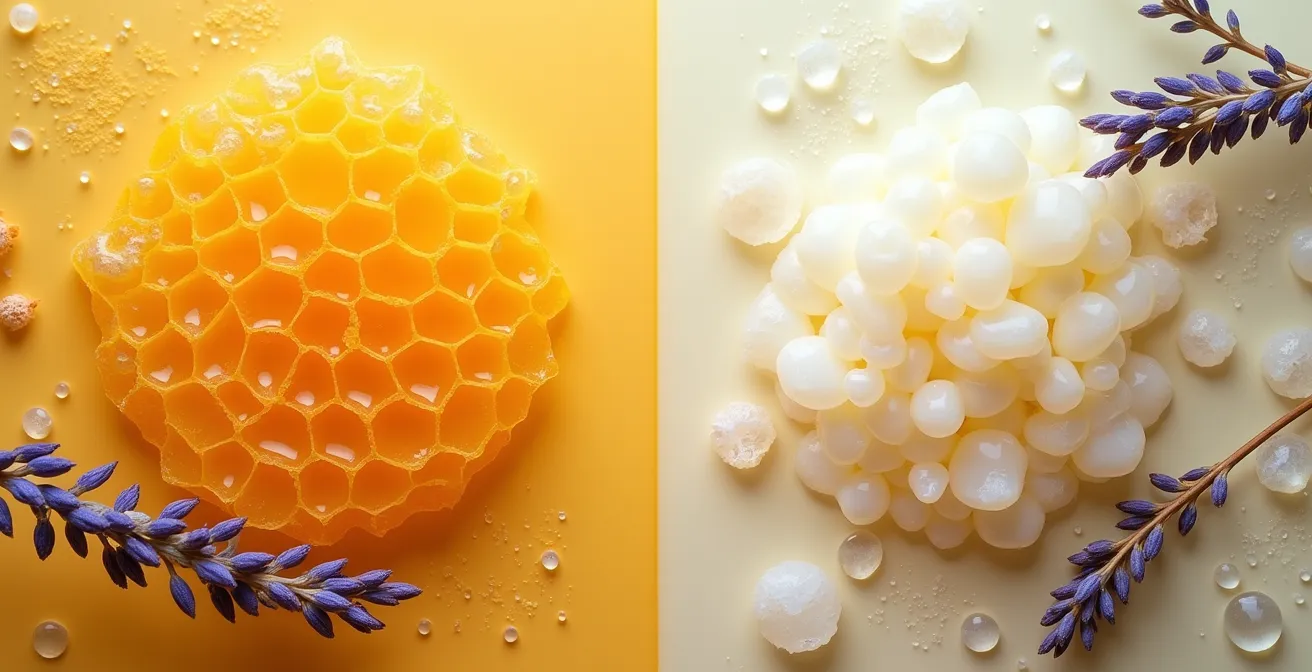 Comparaison côte à côte de cire d'abeille dorée et cire de candelilla blanche en gros plan macro