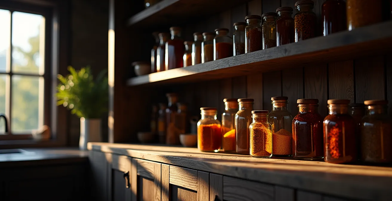 Pots d'épices en verre ambré disposés dans un garde-manger sombre