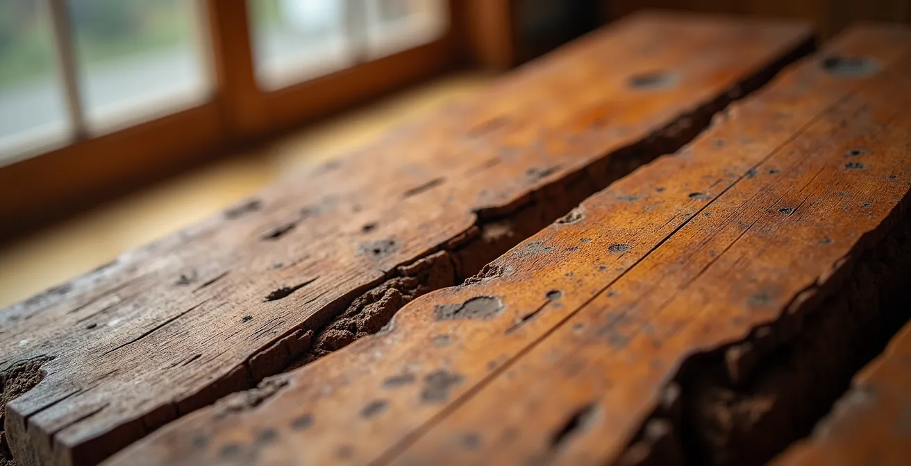 Gros plan sur la texture d'un bois vintage montrant les effets du climat québécois, avec de fines craquelures et des variations de patine.