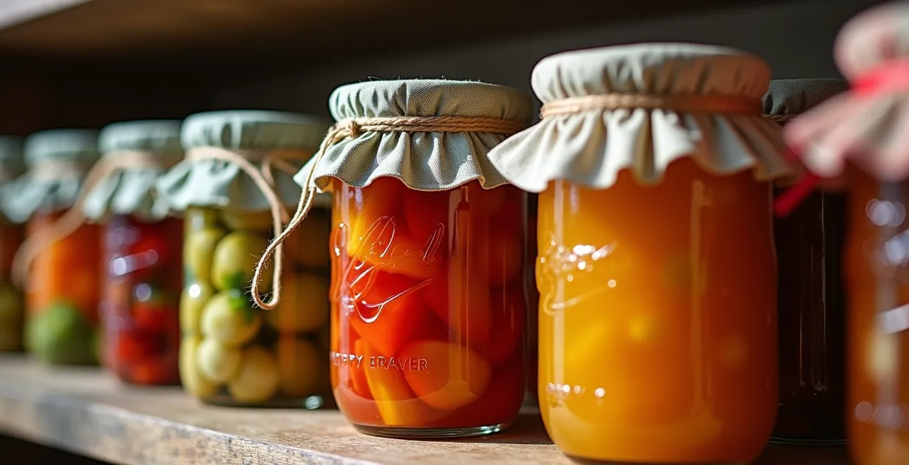 Arrangement de bocaux en verre contenant des conserves artisanales et produits du terroir sur une étagère rustique