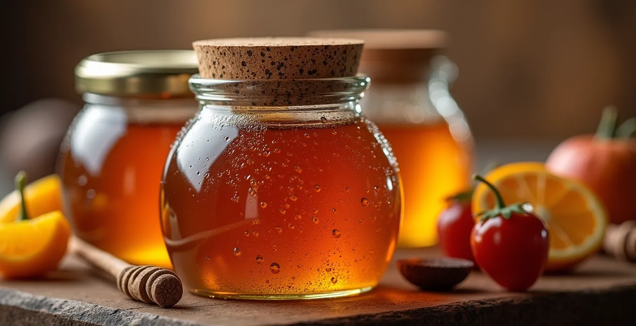 Gros plan sur des bocaux artisanaux de confiture et sirop d'érable avec dates de conservation floues