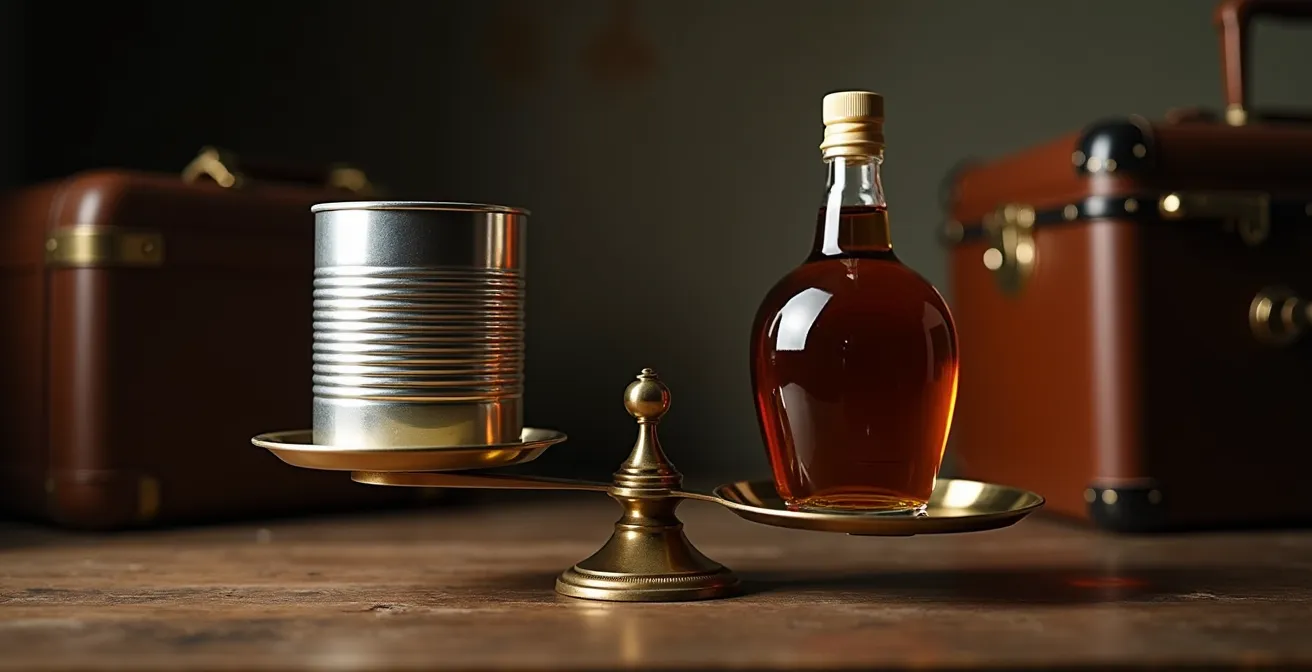 Comparaison visuelle entre une canne de sirop d'érable en métal et une bouteille en verre sur une balance