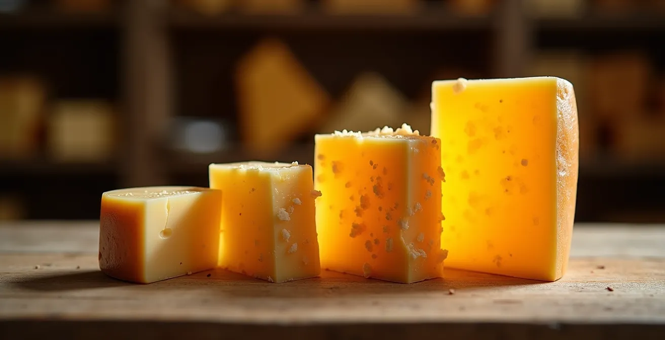 Cristaux de tyrosine visibles dans un cheddar québécois vieilli