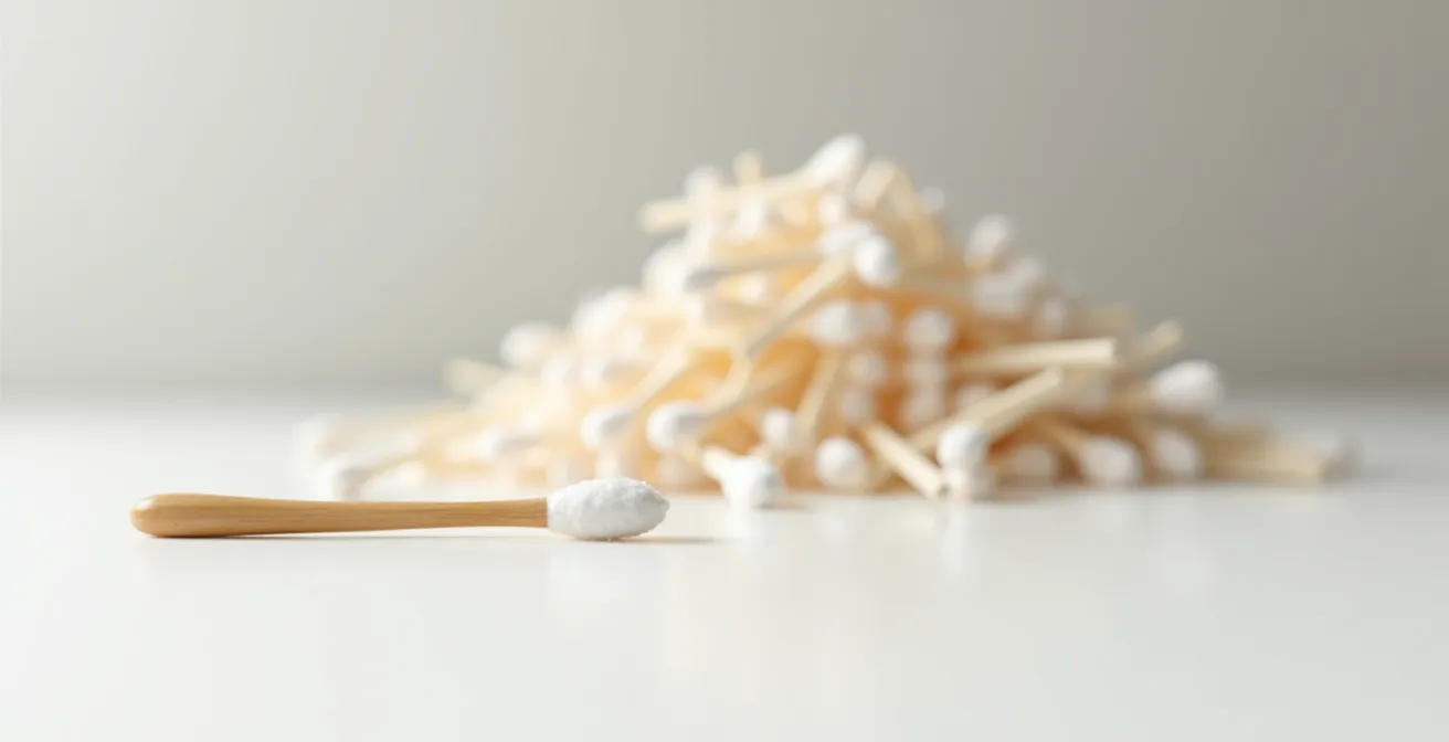 Comparaison visuelle entre un cure-oreille en bambou et des cotons-tiges jetables sur 30 ans