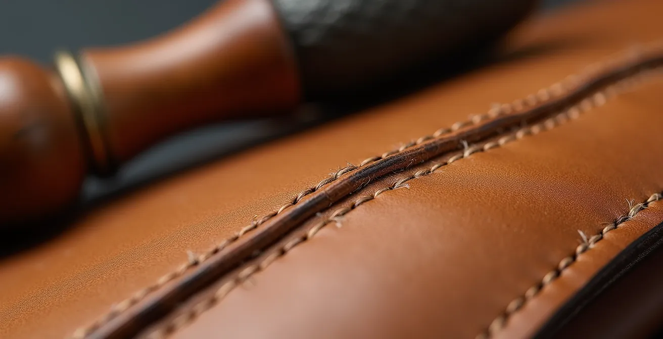 Détail macro d'une couture sellier sur cuir pleine fleur avec fil de lin ciré