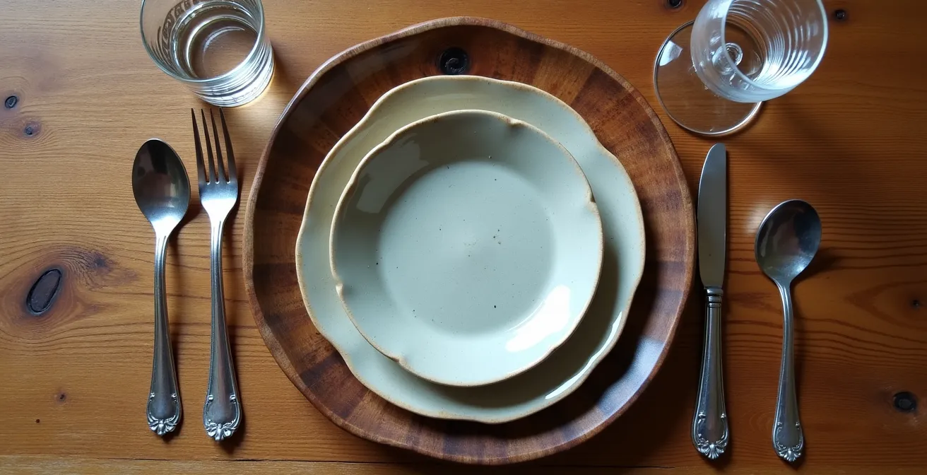 Vue aérienne d'un couvert élégamment dressé avec verres et couverts disposés selon l'étiquette