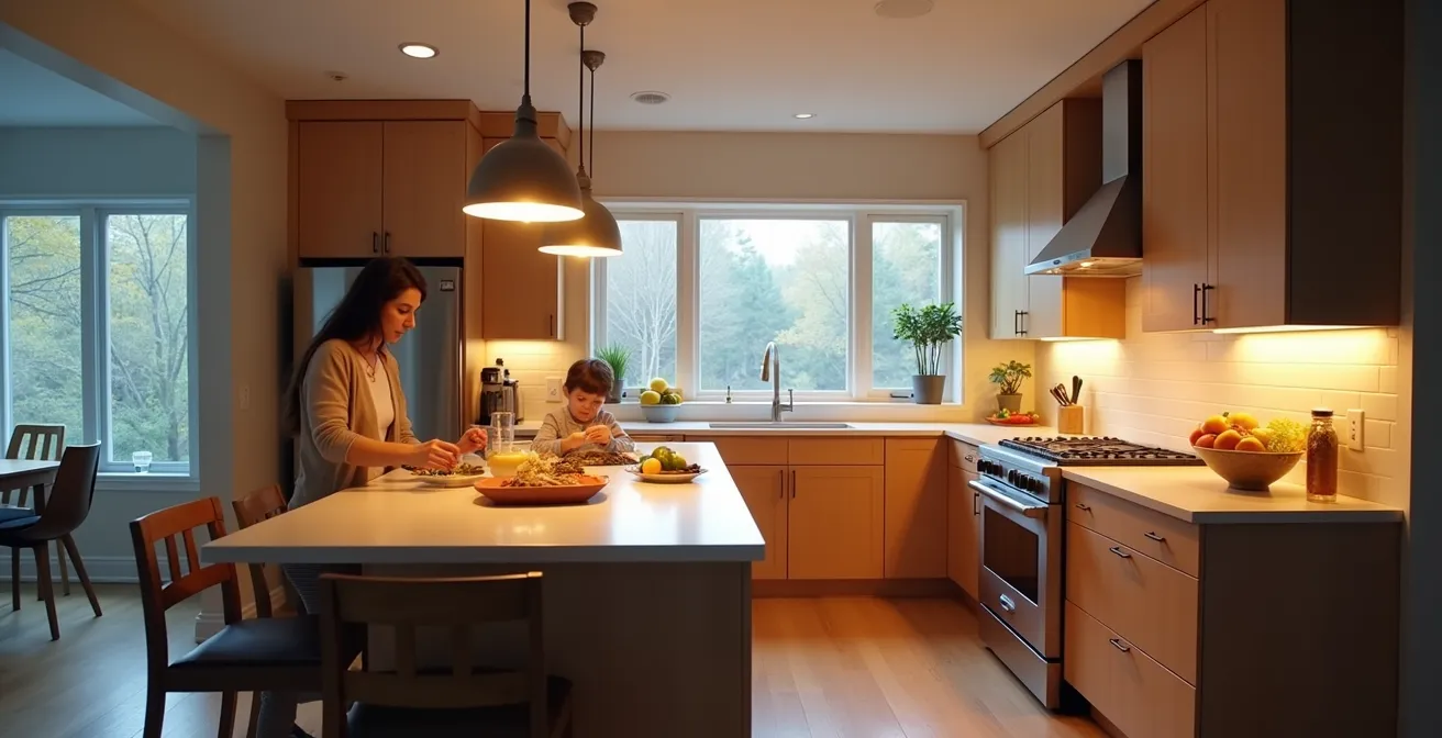 Cuisine moderne avec îlot central montrant différentes ambiances lumineuses