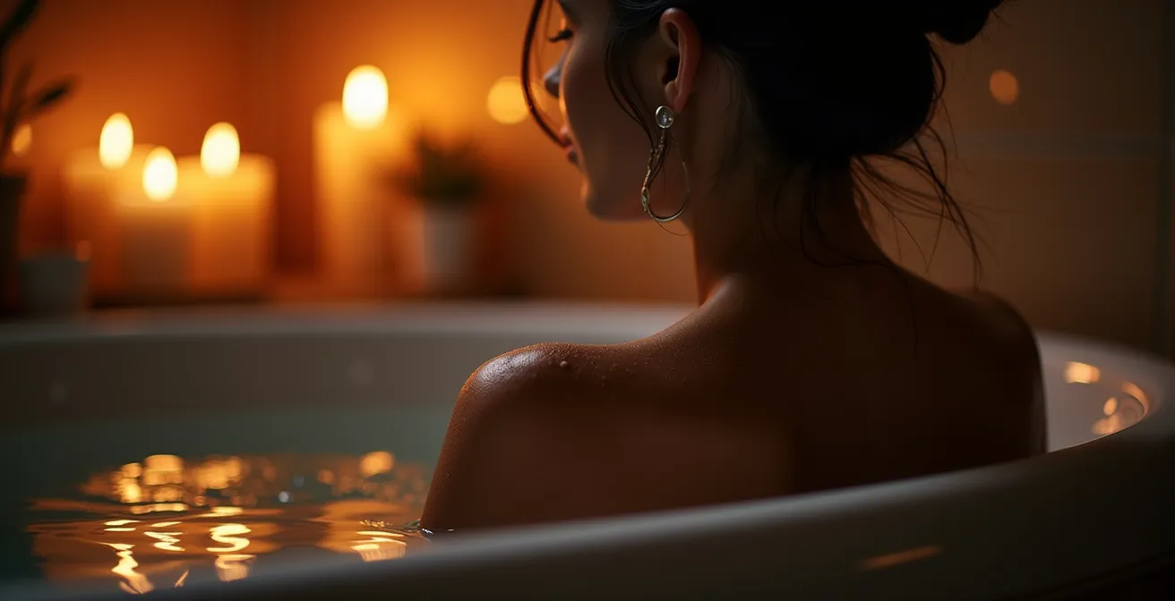 Salle de bain éclairée uniquement par des bougies créant une atmosphère apaisante