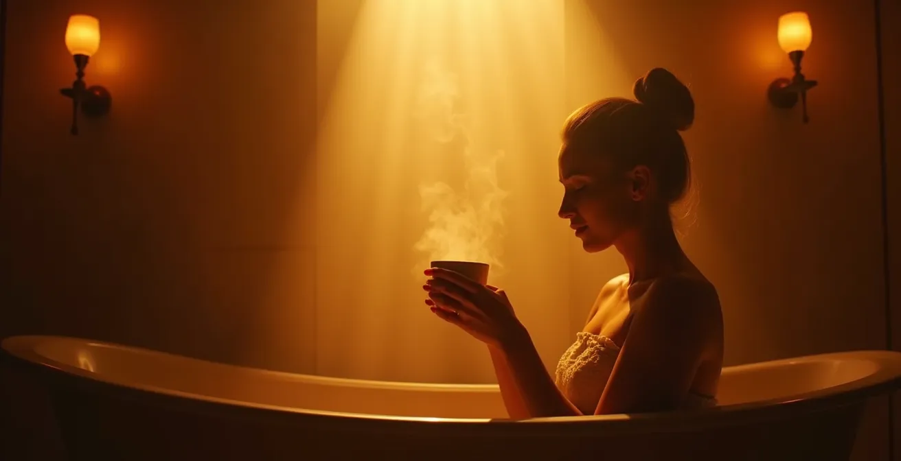 Salle de bain avec éclairage tamisé créant une atmosphère spa relaxante