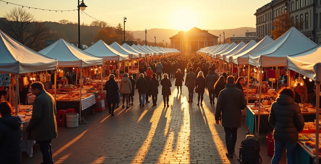 Vue aérienne d'un marché artisanal québécois avec des étals colorés et des visiteurs
