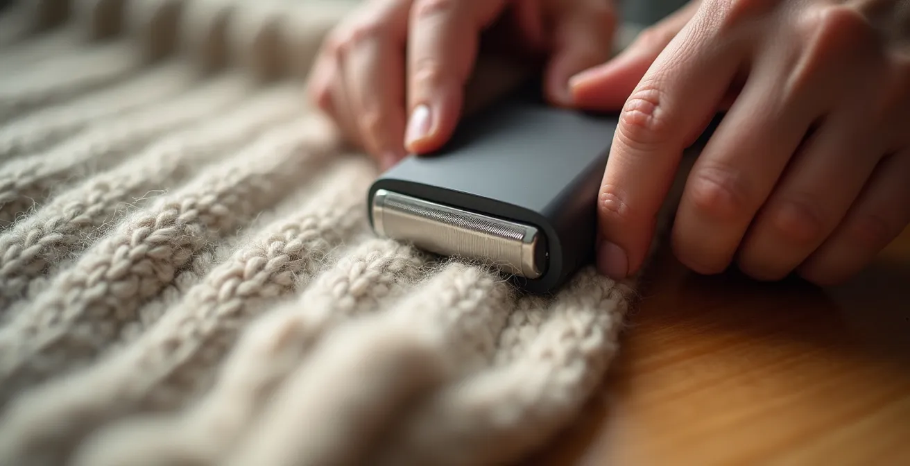 Mains utilisant délicatement un rasoir à bouloches sur un pull en laine recyclée posé à plat