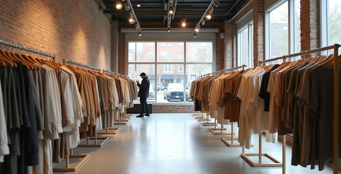 Intérieur minimaliste d'une boutique de mode éthique québécoise avec vêtements de qualité exposés dans un espace épuré