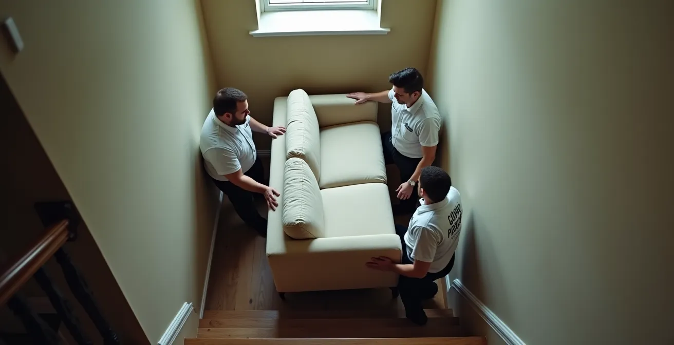 Équipe de livraison professionnelle manœuvrant un canapé dans un escalier étroit
