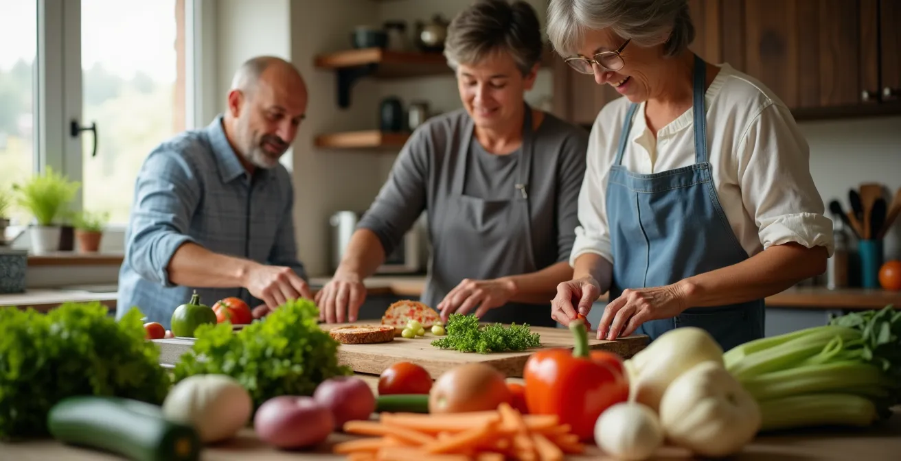 Famille québécoise heureuse cuisinant ensemble avec des légumes frais et locaux, illustrant l'intégration de l'achat local au quotidien.