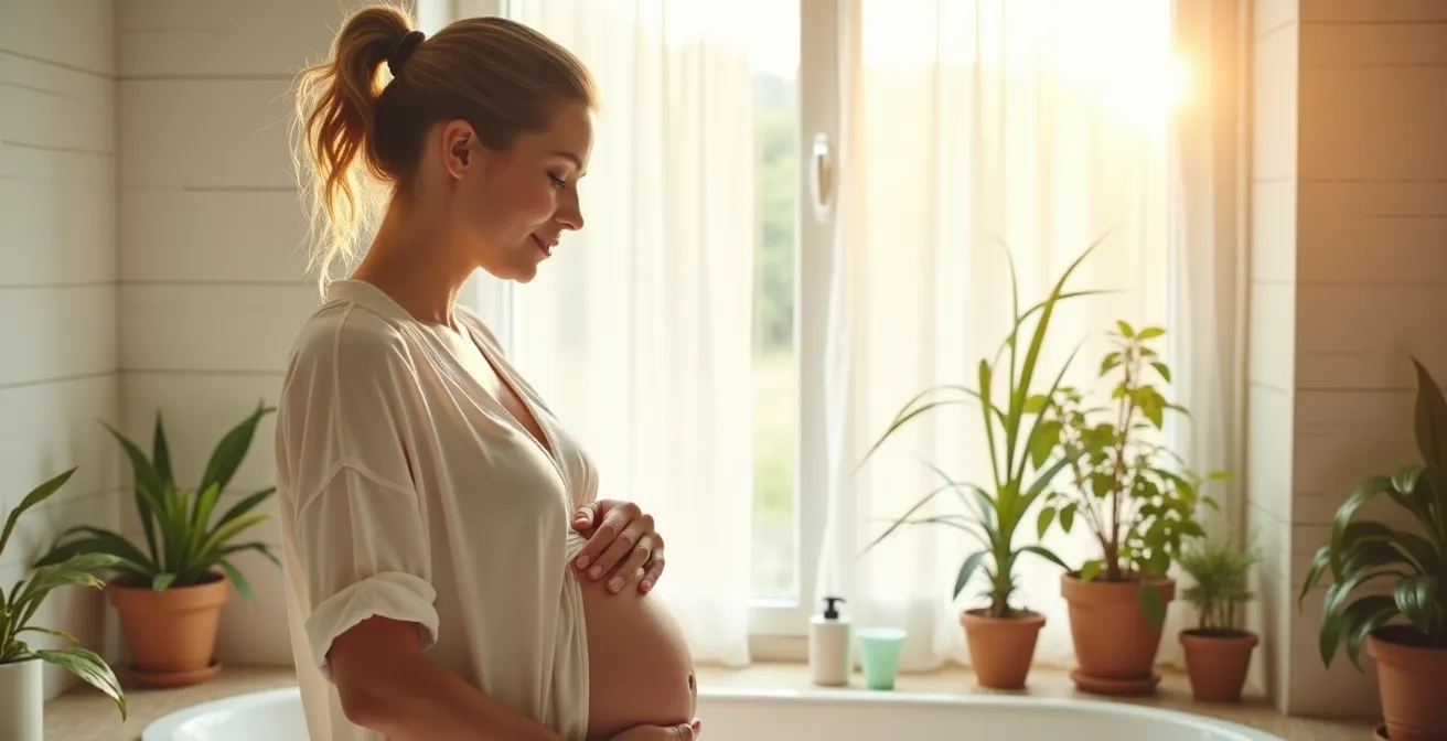 Femme enceinte appliquant délicatement une crème naturelle sur son visage dans une ambiance apaisante