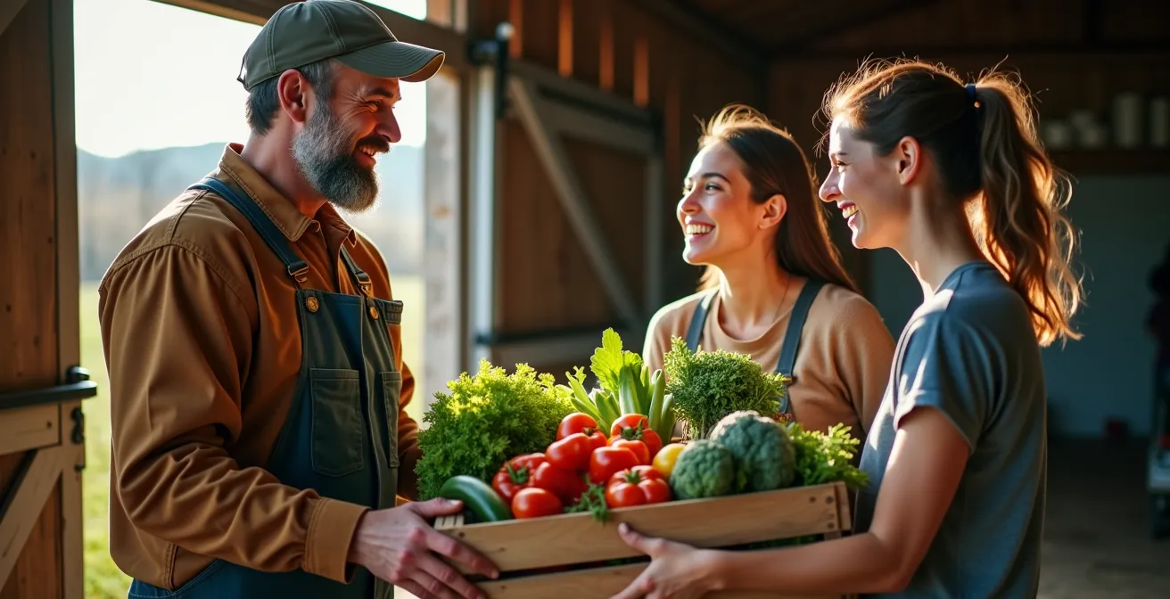 Échange chaleureux entre une famille québécoise et leur fermier de famille lors de la remise du panier bio hebdomadaire