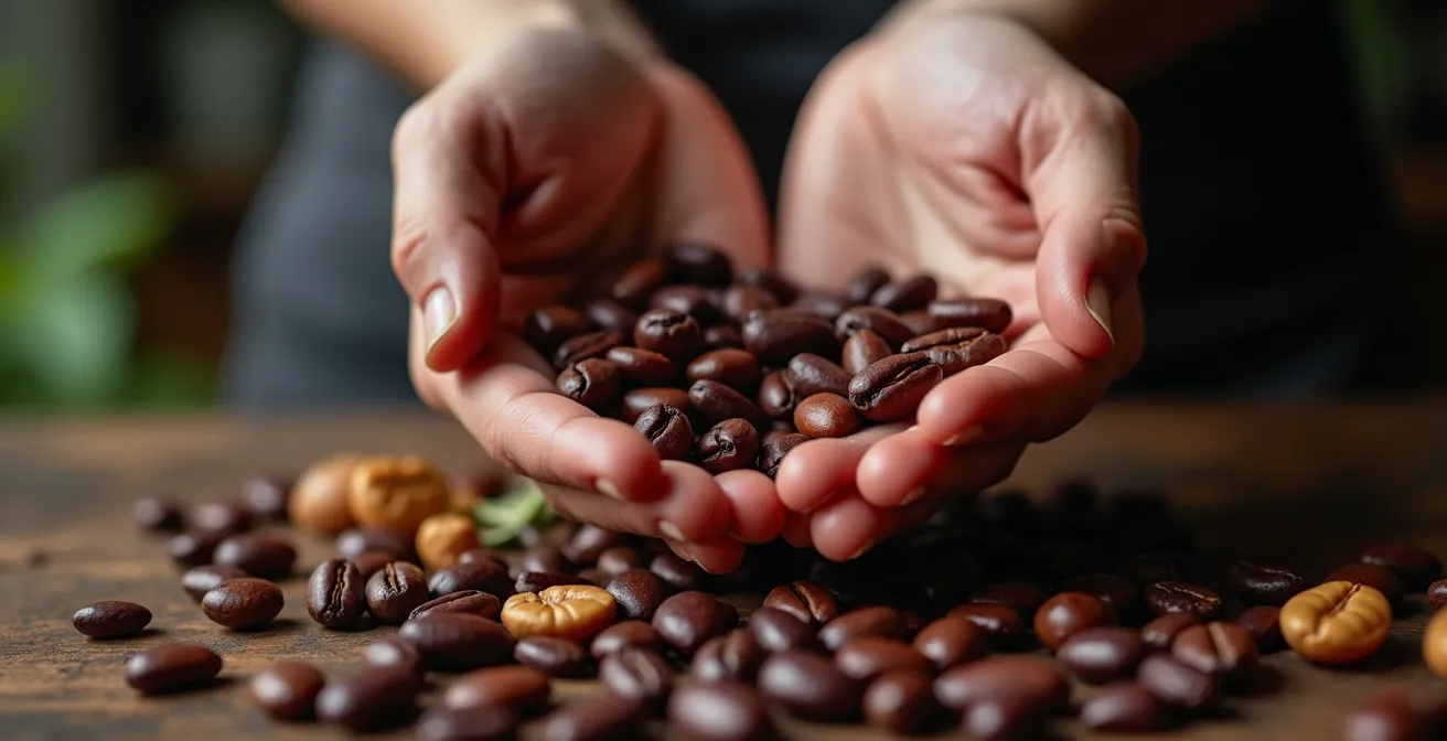 Fèves de cacao de différentes origines disposées en sections distinctes