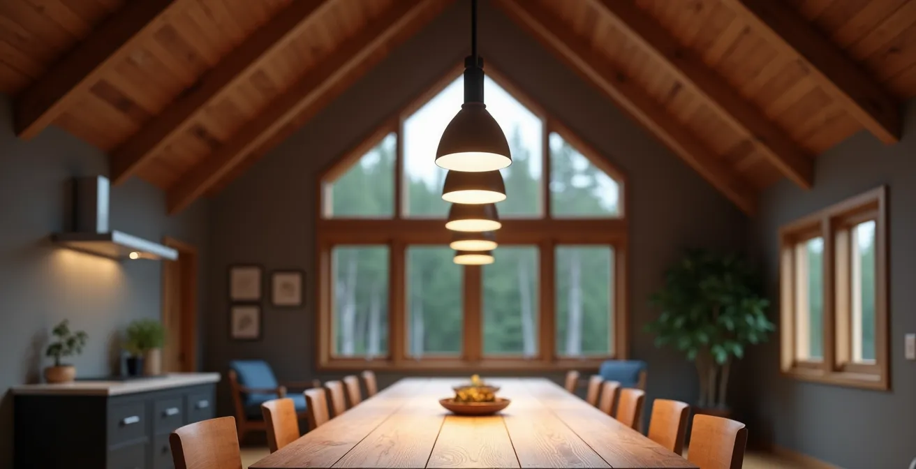 Grappe de trois suspensions à différentes hauteurs au-dessus d'une grande table rectangulaire