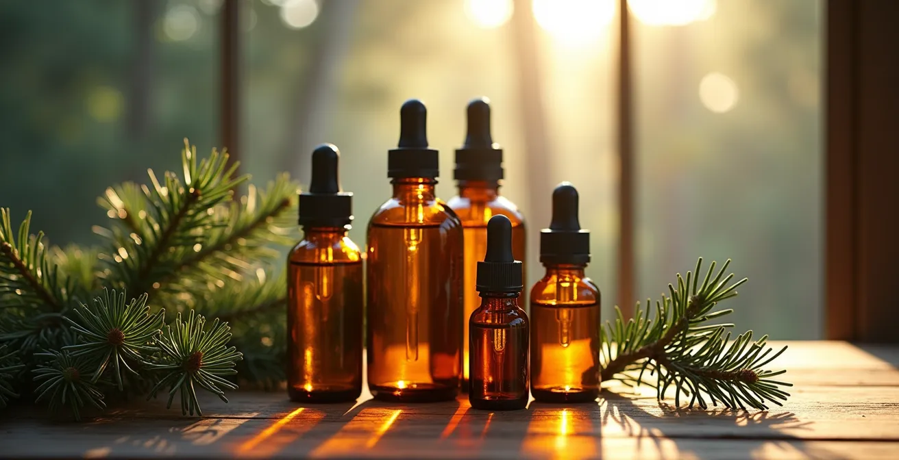 Flacons d'huiles essentielles d'épinette noire et de sapin baumier du Québec sur une table en bois
