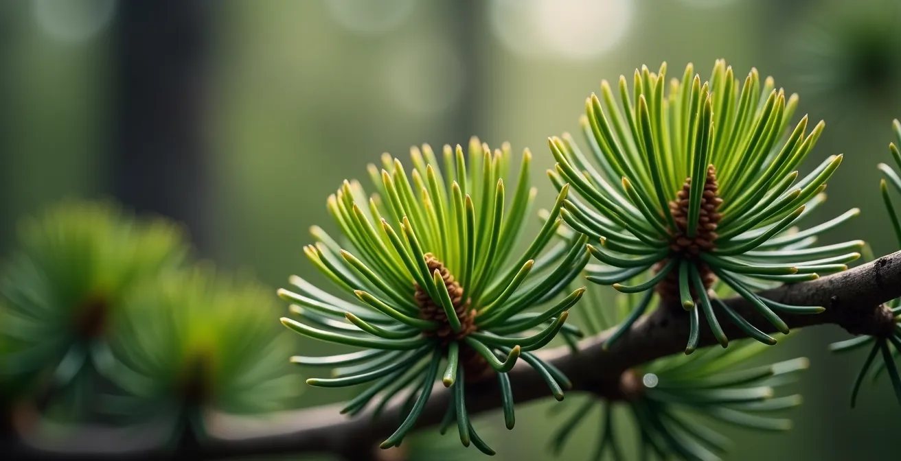 Gros plan sur les jeunes pousses vert tendre d'épinette au printemps