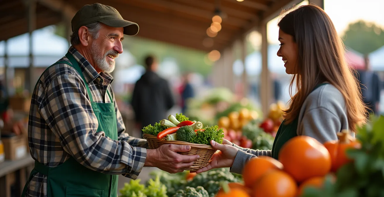 Kiosque de ferme au marché public avec échange direct entre producteur et client